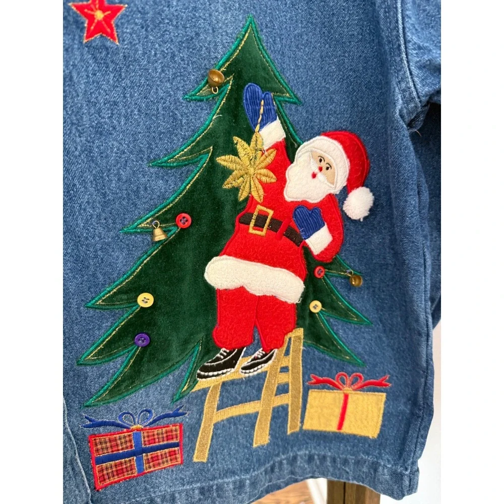 Tantrums Vintage Christmas Denim Jacket Embroidered Santa Reindeer Plaid Collar - Picture 2 of 9